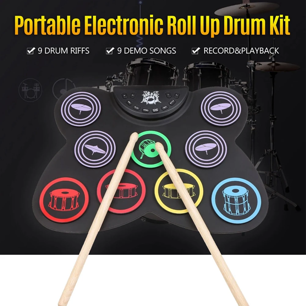 Roll Drum 9 Pads Pad Digital Drum Kit Pedal Controller with Drum Sticks Touch Sensitivity Great Holiday Birthday Gift for Kids