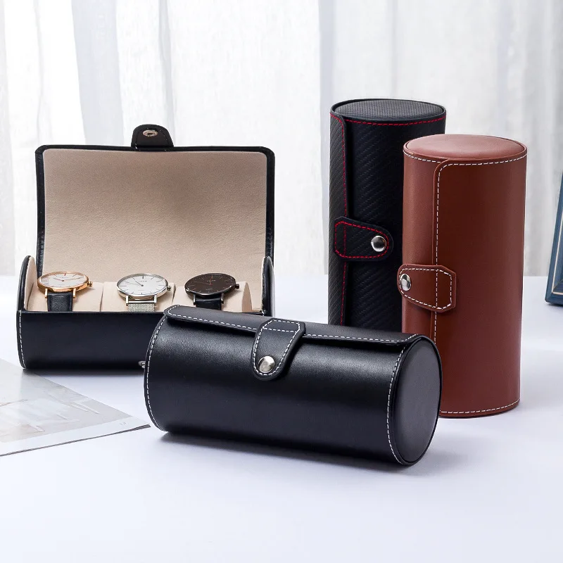 

3 position cylindrical watch box PU leather watch box flip packaging box for storing jewelry box jewelry