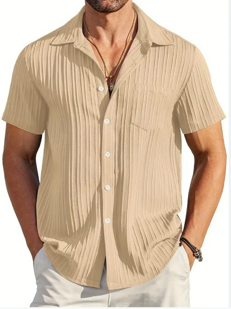 Men's striped pocket jacquard lapel casual fashion comfortable loose short sleeve Hawaiian multicolor shirt