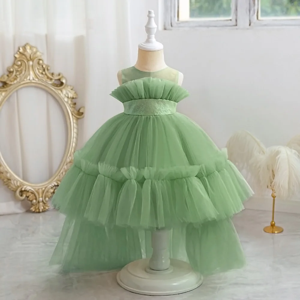 Sequins Tulle Knee-length Green 1st Birthday Party Baby Girl Dress main image 1