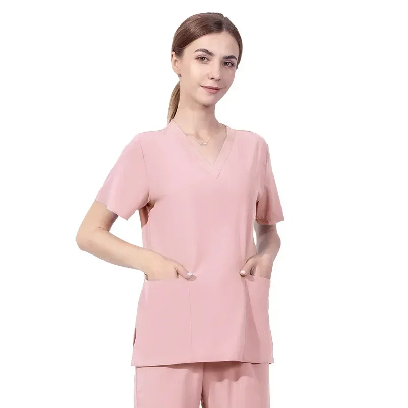 New Stretch Doctor Work Uniform Short Sleeve Nurse Uniform Cosmetic Hospital Top Female Operating Room Hand Gown