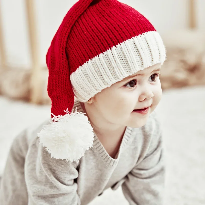 Cute Pompom Kids Girl Boy Beanie Cap Christmas Parent-Child Hat Solid Color Warm Crochet Mom Baby Bonnet Hat for Children