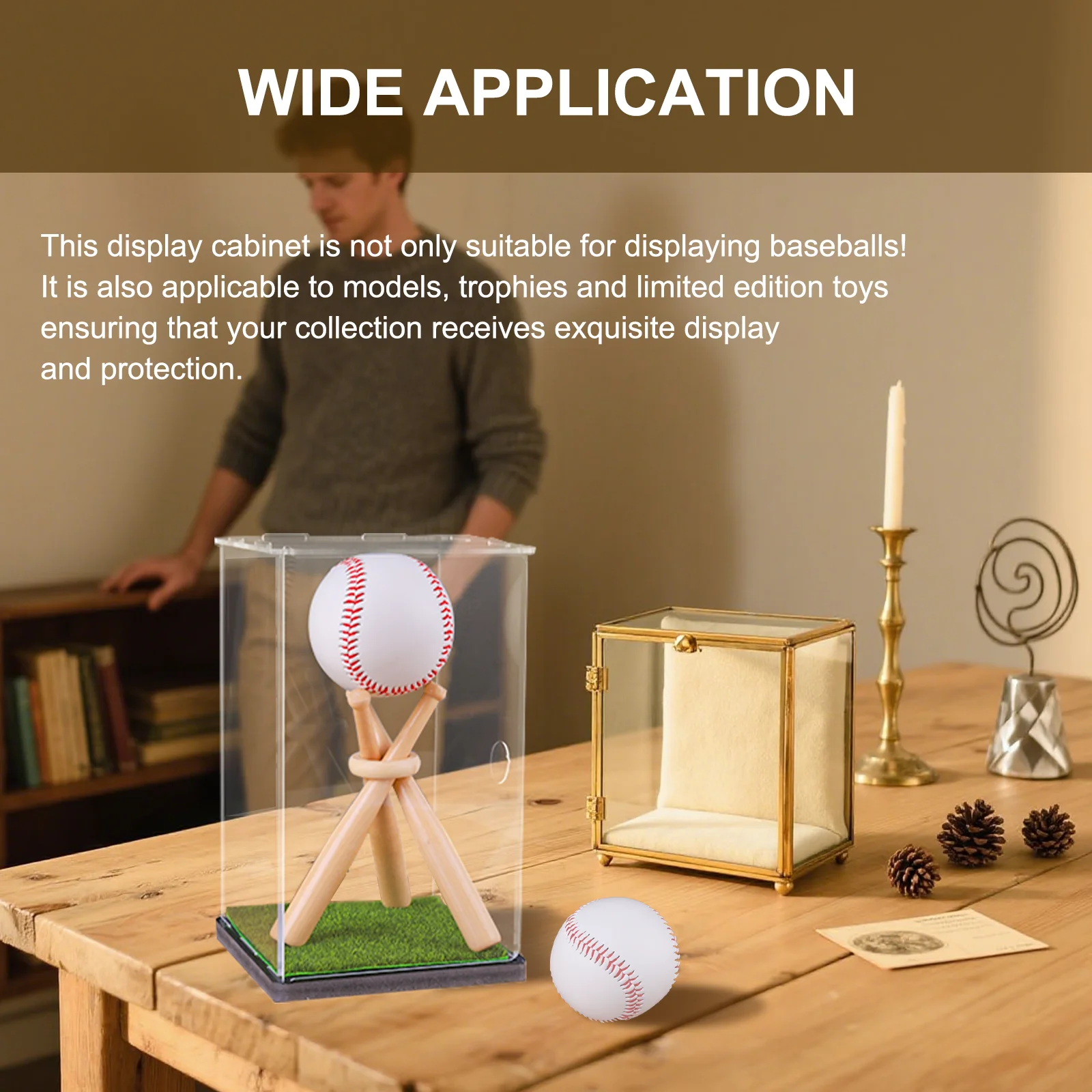 Baseball Display Case with Wood Stand Game Ball Holder Clear Acrylic Collectibles Box Gift for Autograph