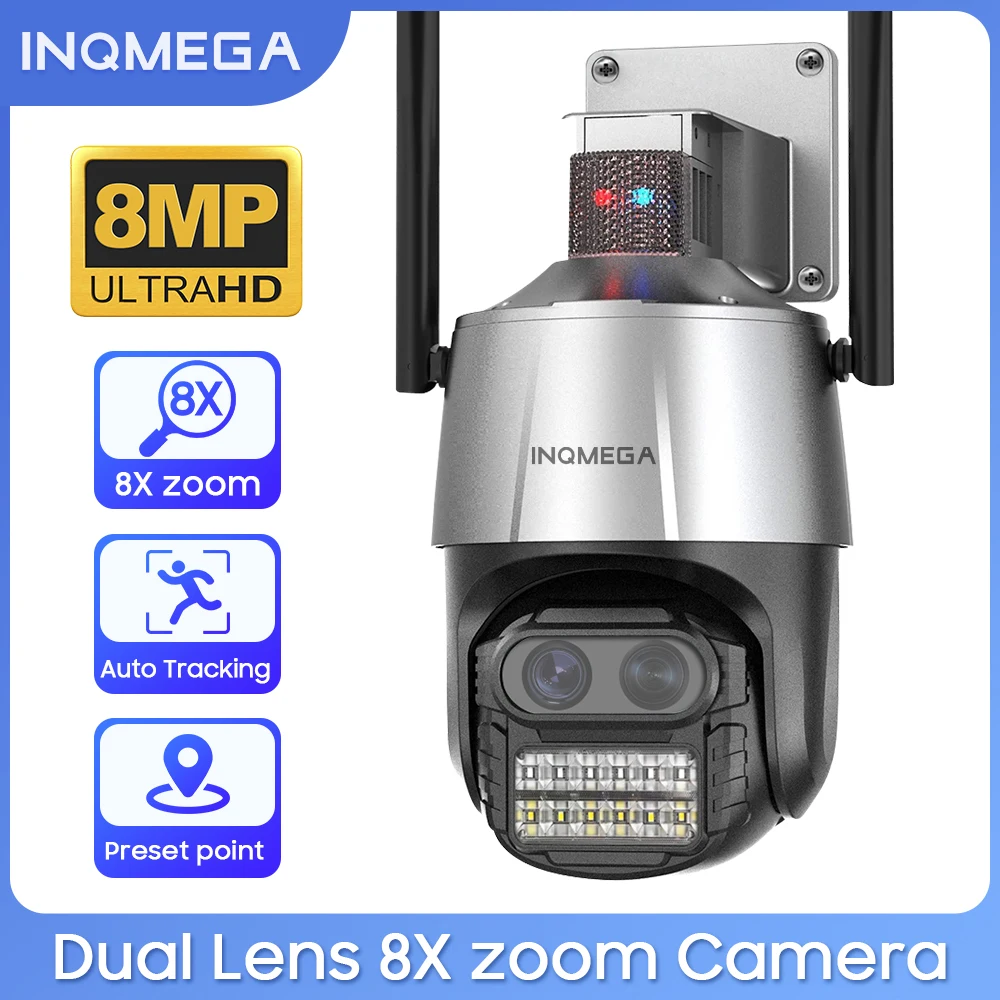 INQMEGA 4K 8MP Wifi Survalance Camera Outdoor Dual Lens 8X Zoom PTZ Camera With Anti-theft Siren Alarm AI Auto Tracking CCTV Cam