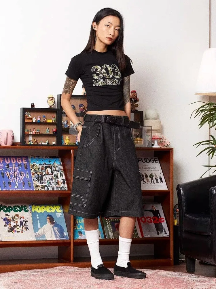 Deeptown Y2k Harajuku Streetwear Baggy Jeans Shorts Women American Retro Casual Embroidery Hip Hop Loose Wide Leg Denim Pants