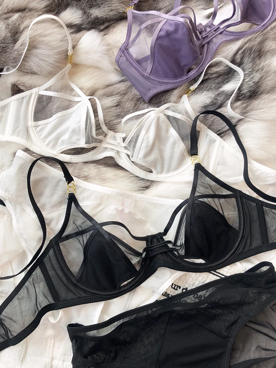 Sexy Hollow Lingerie Set French Ultra Thin Women Bra Summer Breathable Purple Plus Size 95CD Cup Underwear Push Up Brassiere
