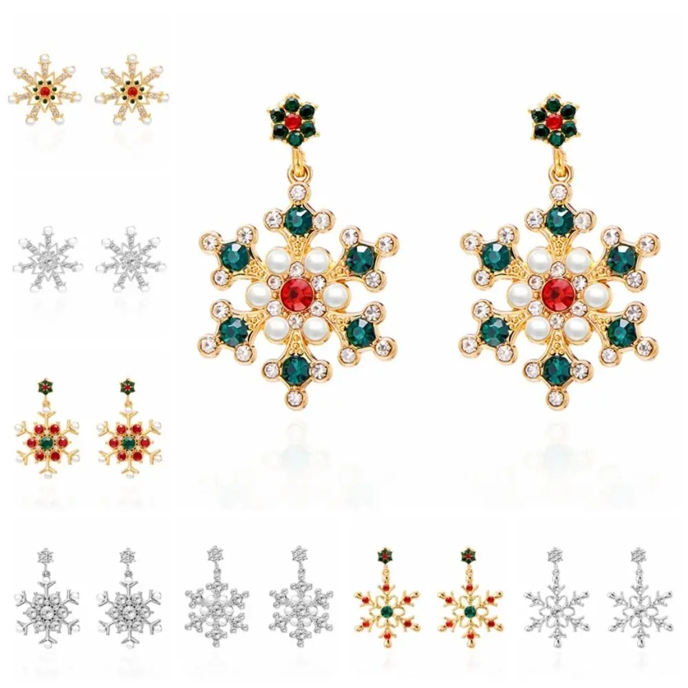 Exquisite Rhinestone Christmas Stud Earrings Pearl Jewelry Snowflake Earrings Piecring Multicolor Xmas Dangle Ladies