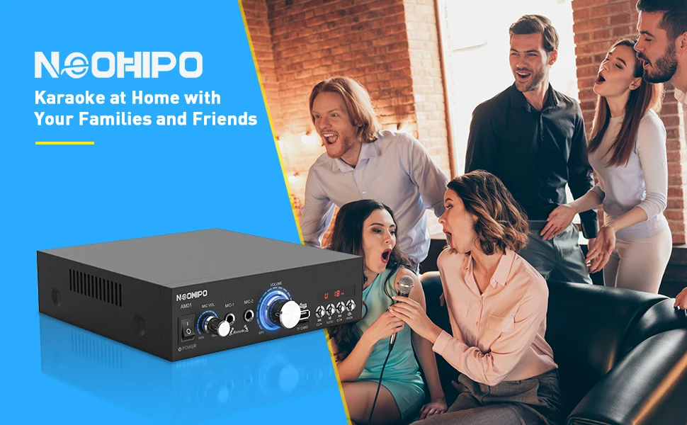 NEOHIPO AM01 AV Power Amplifier 2.0 Channel Bluetooth 5.0 Audio Home Theater Amplifiers DC 12V 110V/220V Support FM SD USB 2 Mic