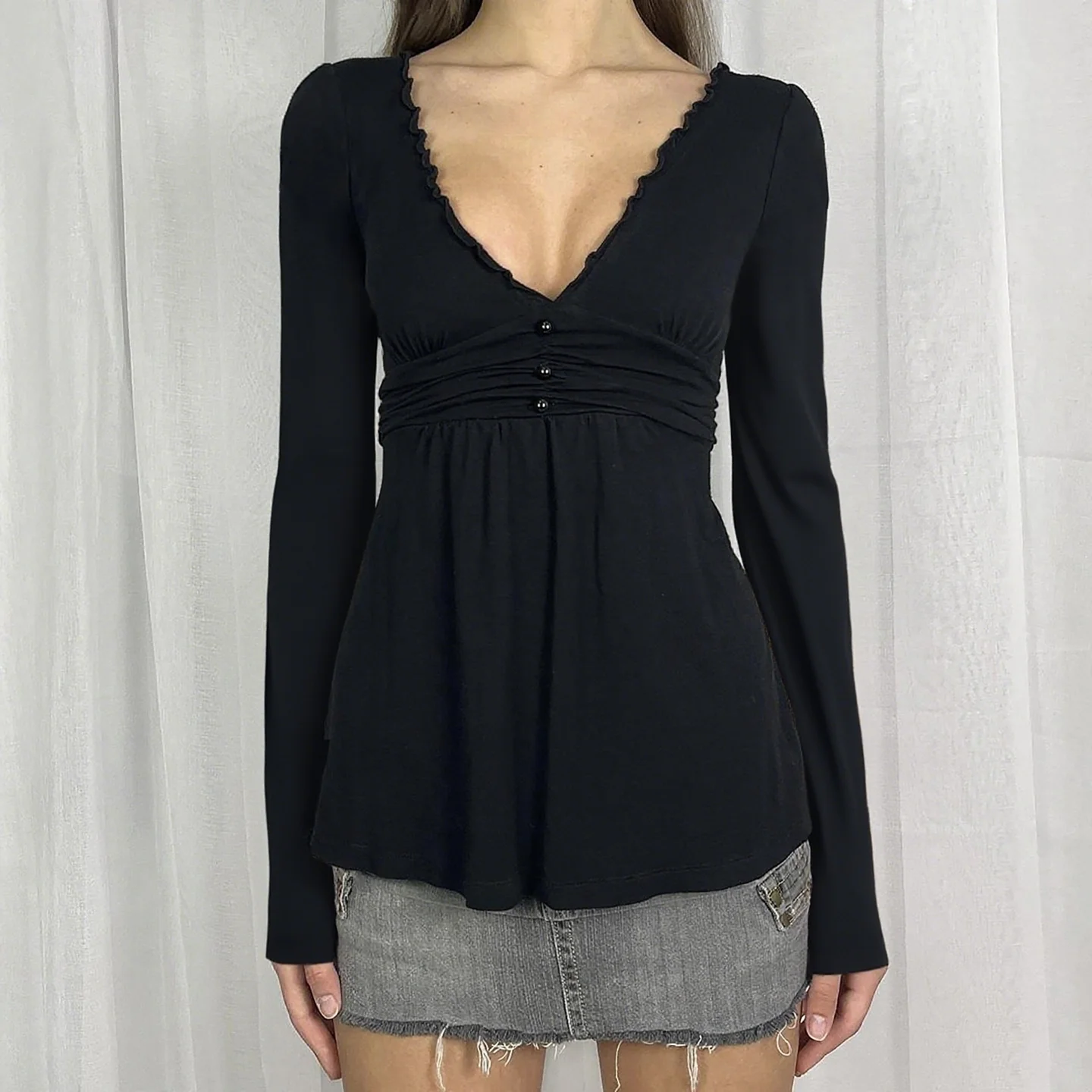 SUCHCUTE Vintage Y2K Damen Langarm-Oberteil mit tiefem V-Ausschnitt, geraffter Taille, Knopfleiste, lässiges All-Match-Outfit, Grunge Fairycore