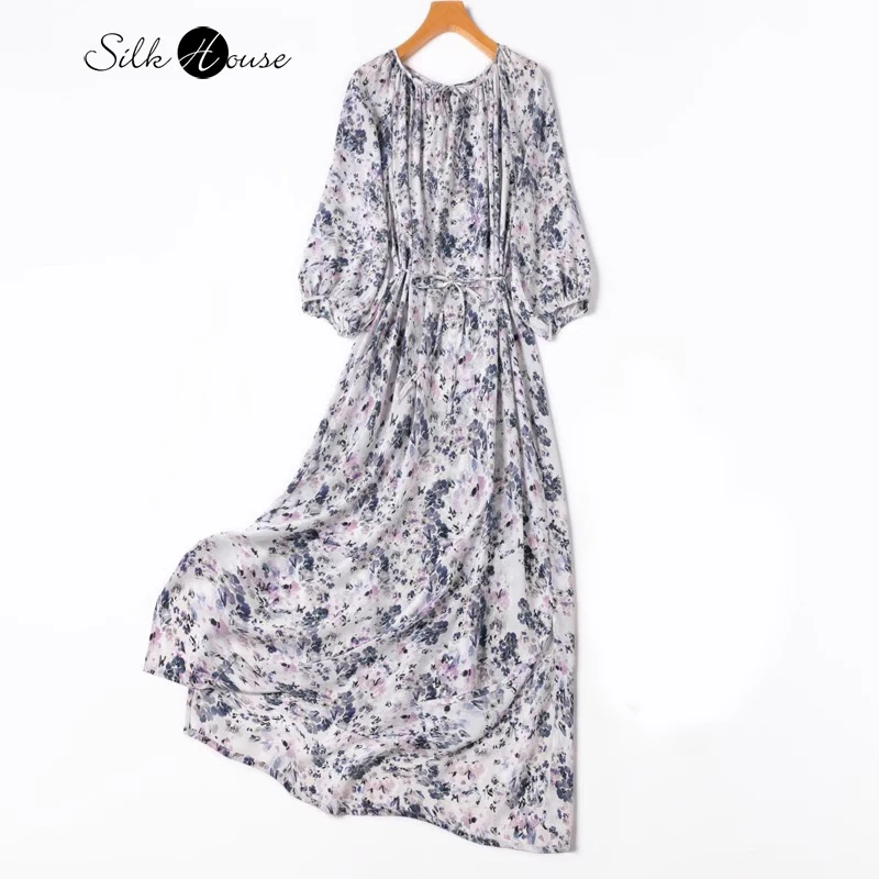 

Women's Fashion Summer New 100% Natural Mulberry Silk Crepe De Chine Holiday Style Round Neck Three-quarter Sleeve Print Dress