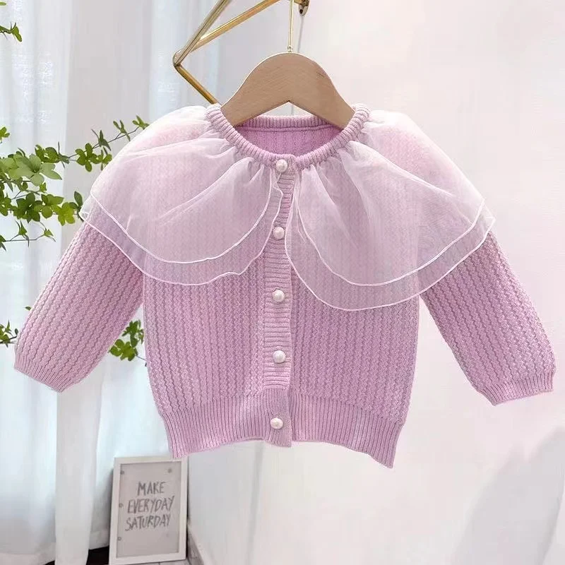 

Girls Kids Fashion Knit Sweaters Cardigan Jackets Tulle Collar Long Sleeve Spring Autumn Outerwear Children's Cute Knitwear 2024