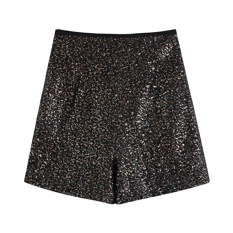 Summer Casual Sequin Harem Shorts 2021 Women Fashion Chic Commute High Waist Shorts Elastic Waist Sexy Black Straight Shorts