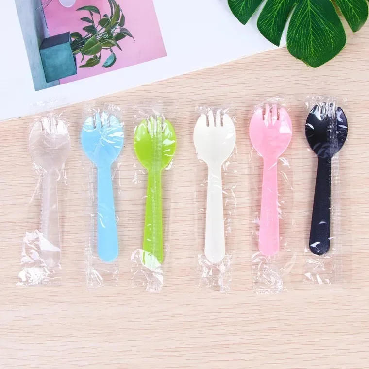 50pcs/pack Colored Plastic Disposable Spoons Ice Cream Dessert fork Birthday Party Mini Flatware Cutlery disposable dessert spoons