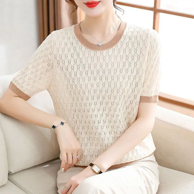 

Women's T-shirt Pathwork O-neck Women's T-shirt Fashion Casual Knitting Loose Women's Summer Tops Short Sleeve Tee S132