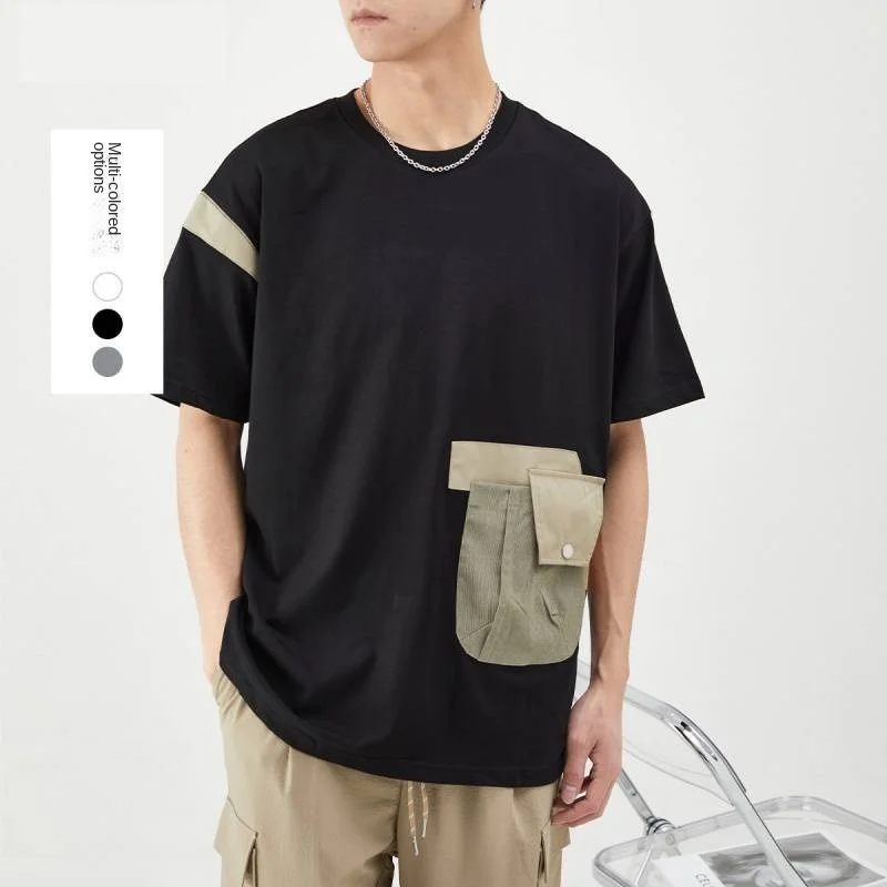 

Men2023 T-Shirt For Summer Youth Pullover Short-Sleeved Round Neck Simple Fashion Pocket Stitching Top Casual T-Shirt y2k
