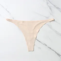 Ice Silk Seamless Satin Thong Panties - M (Beige)