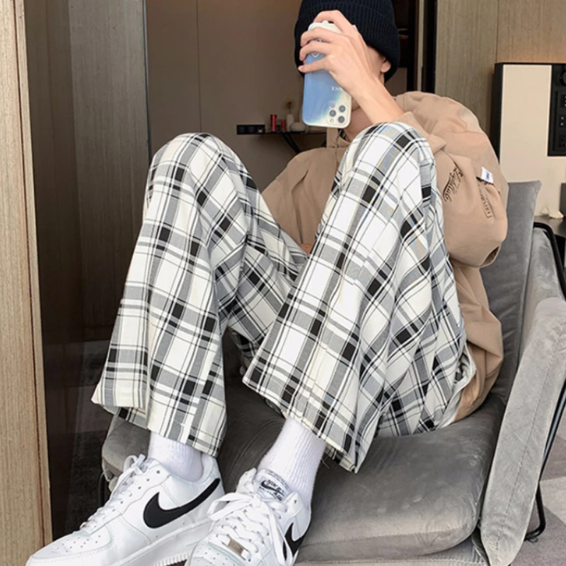 Casual Pants Men Plaid Patchwork Design Empire Fashion All-match Students Korean Style Harajuku Popular Bottoms Spring New Ins