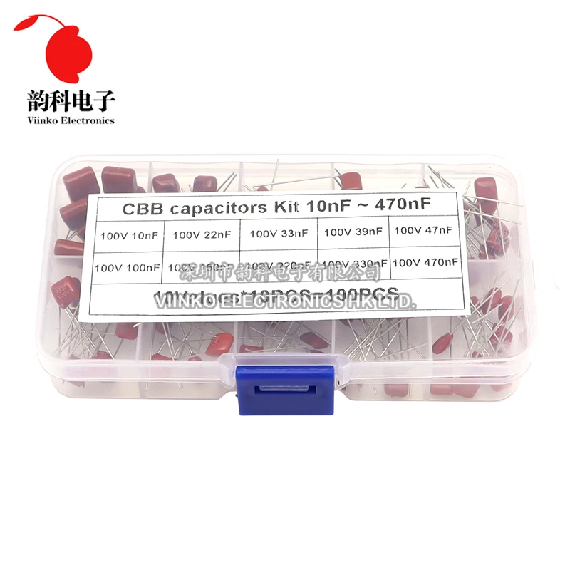CBB Polypropyleen Condensator Set - 10 Waarden (103J Tot 474J), 100 Stuks, In Opbergdoos, Voor Elektronica Hobbyisten