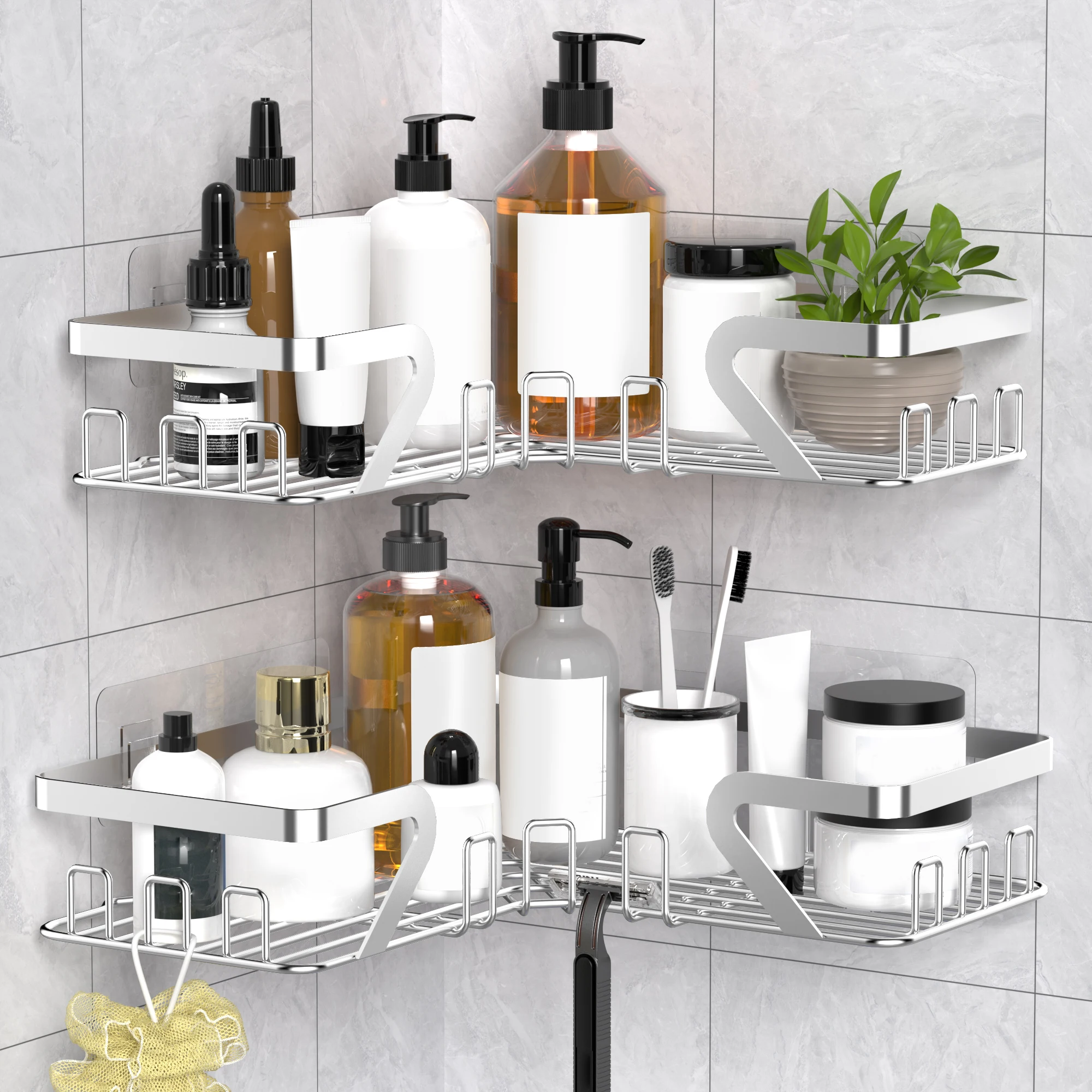 2-piece wall mounted bathroom shower rack, rust proof stainless steel shower storage rack, no drilling required, suitable for storage and storage in bathrooms and shower rooms, bathroom decoration gifts, and essential gift giving items