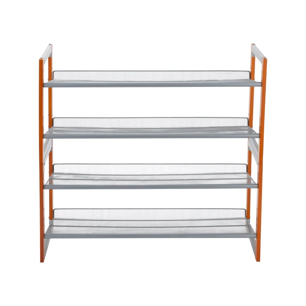 4-Shelf Closet Shoe Rack with Natural Wood Frame and Chrome Wire Shelves