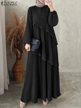 2024 ZANZEA Women Casual Dress Autumn Fashion Long Sleeve Ruffles Hem Sundress Solid Loose Muslim Dresses Islamic Clothing Robe