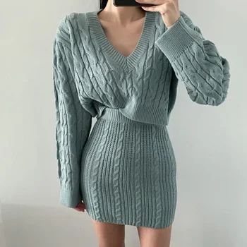 Ensemble deux pièces femme pull col V jupe portefeuille