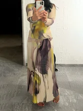  2023 Miyake Pleated New Women Suit Slim Western Print Stand Collar Long Sleeve Top+Loose Slim Skirt Casual Party Two Piece Set 