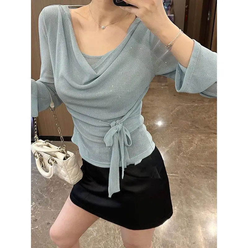 تي شيرت نسائي صيفي شبكي خفيف بكم طويل
