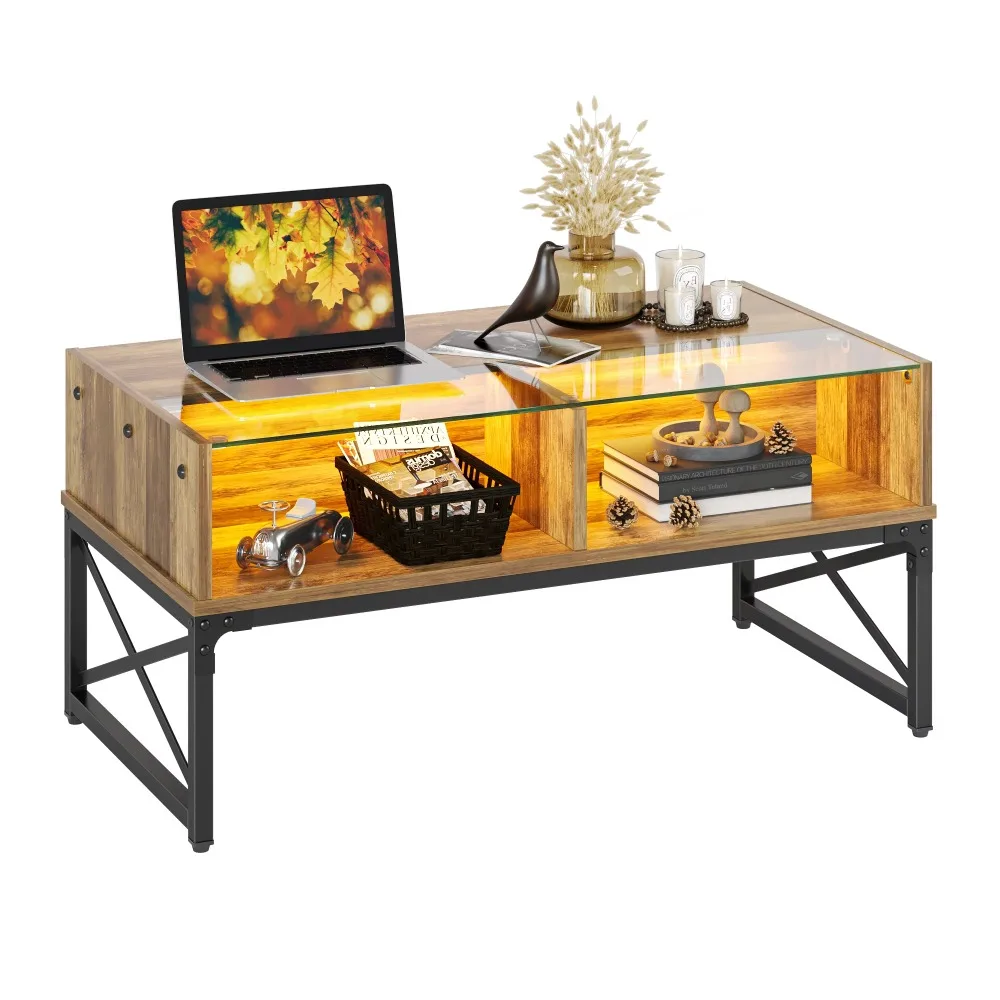 

Coffee Table with LED Lights and Glass Shelf, Weathered Rustic Oak