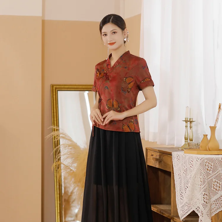 Women Chinese Shirt Vintage Mandarin Collar Tang Shirt Traditional Top Flower Print Performance Clothing Hand Button Satin Blouse women chinese shirt,women satin blouse