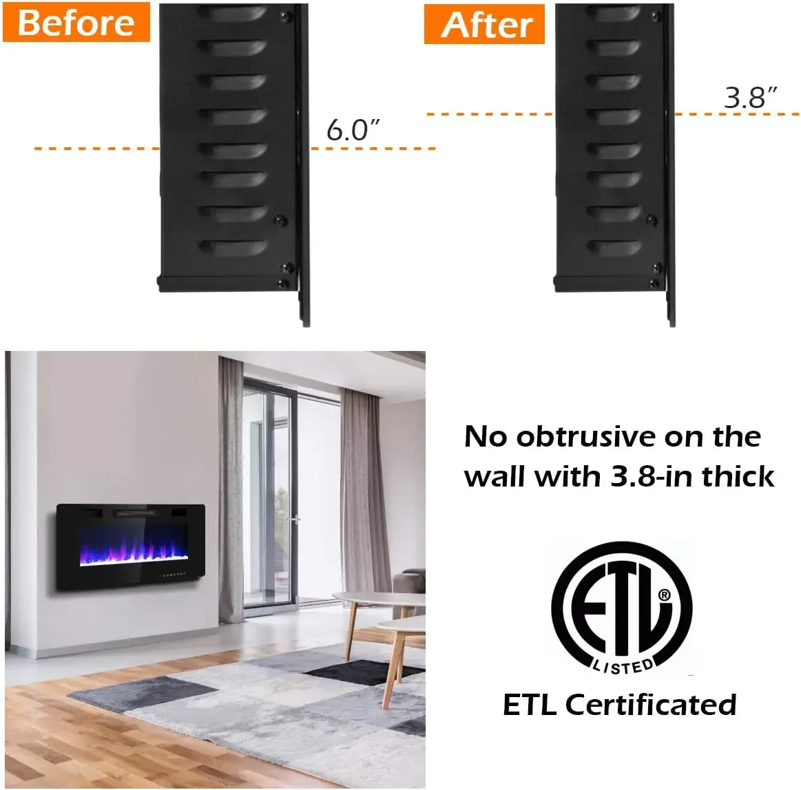 Tangkula-Recessed Fireplace, In-Wall and Wall Mounted Heater, Adjustable Flame Color Speed, 42 in