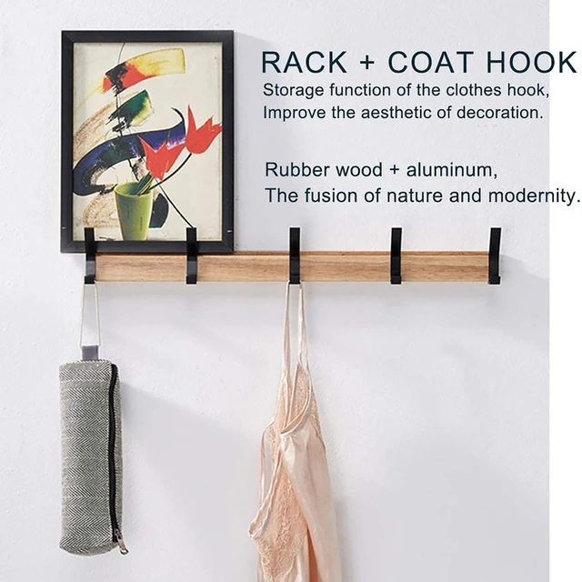 New 5 Hooks Black Wood Wall Hook Wall Hanging Coat Rack for