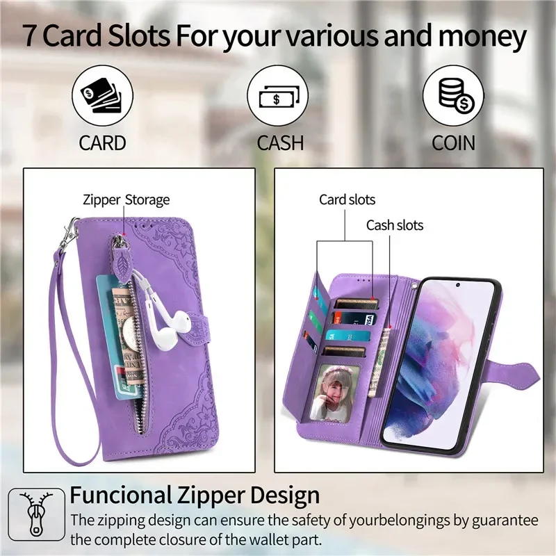 Leather Magnetic Zip Wallet Card Cover Phone Case