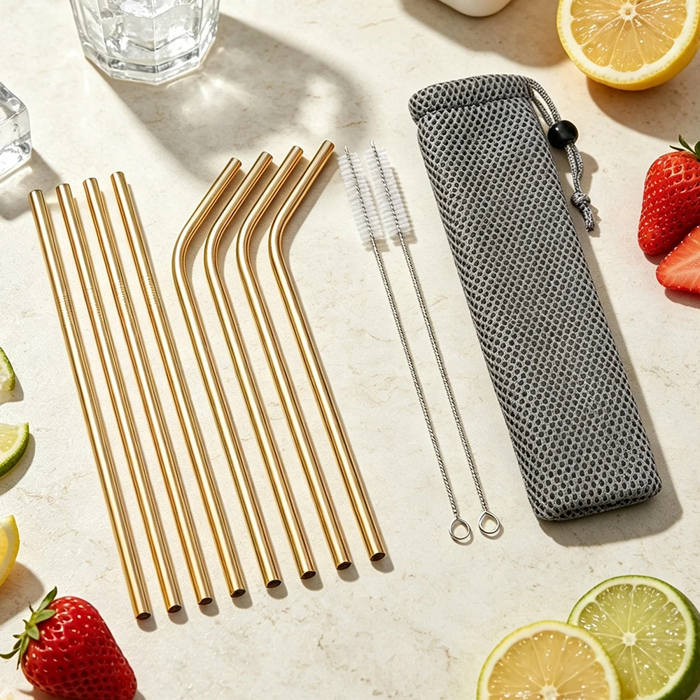 Elegant Gold Stainless Steel Reusable Straw Set with Cleaning Brush - 11 Pieces