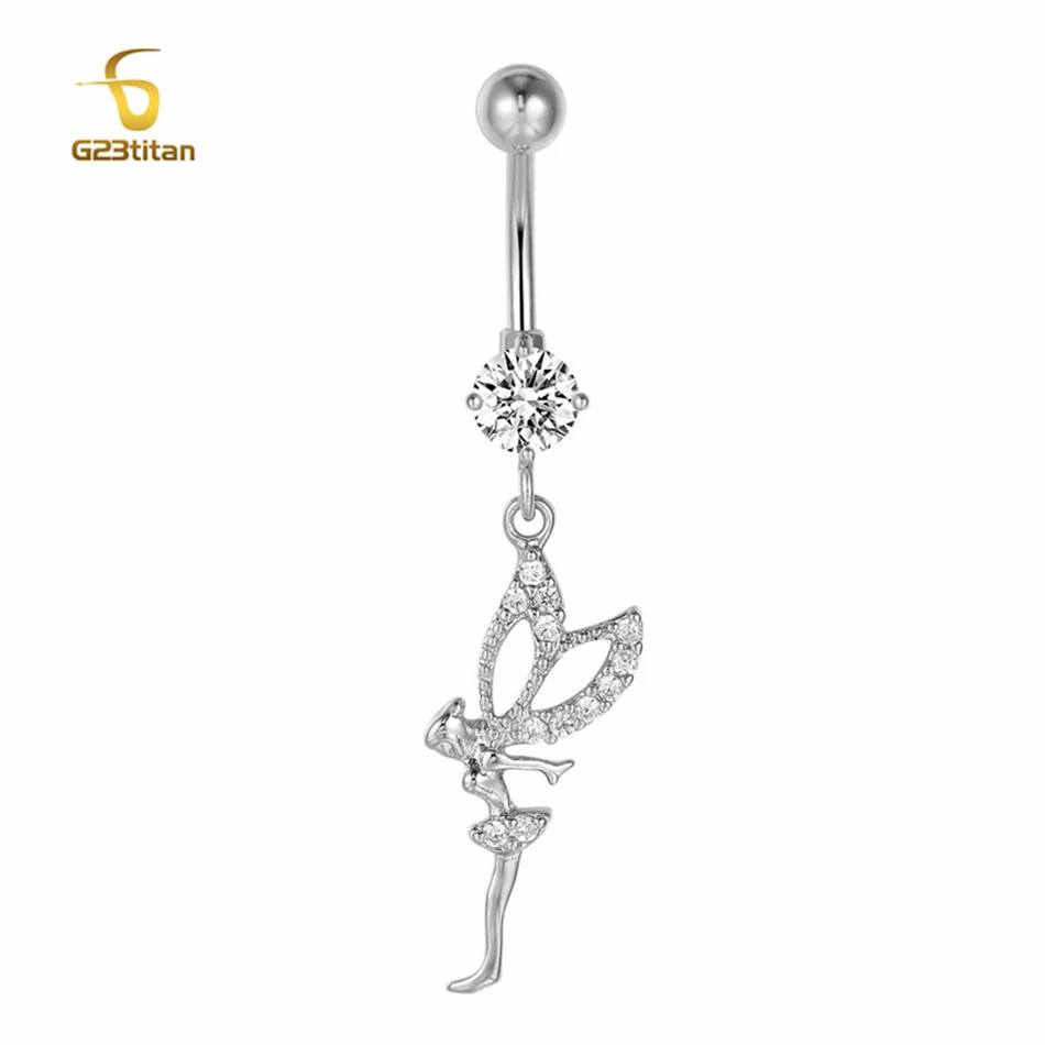 

Белые кристаллические крылья Ангел повесил кольцо на брюшную пряжку 14G Низкочувствительный титановый перфоратор Navel Bar Драгоценности