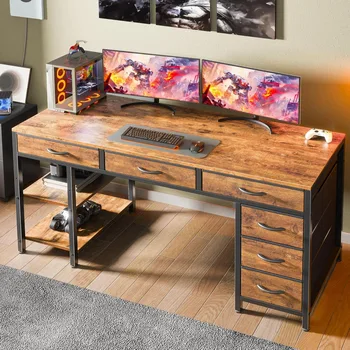 Computer Desk with 6 Drawers, 54 Inch Office Desk with Shelves, Reversible Gaming Desk, Corner Desk with Storage, Work fo 2