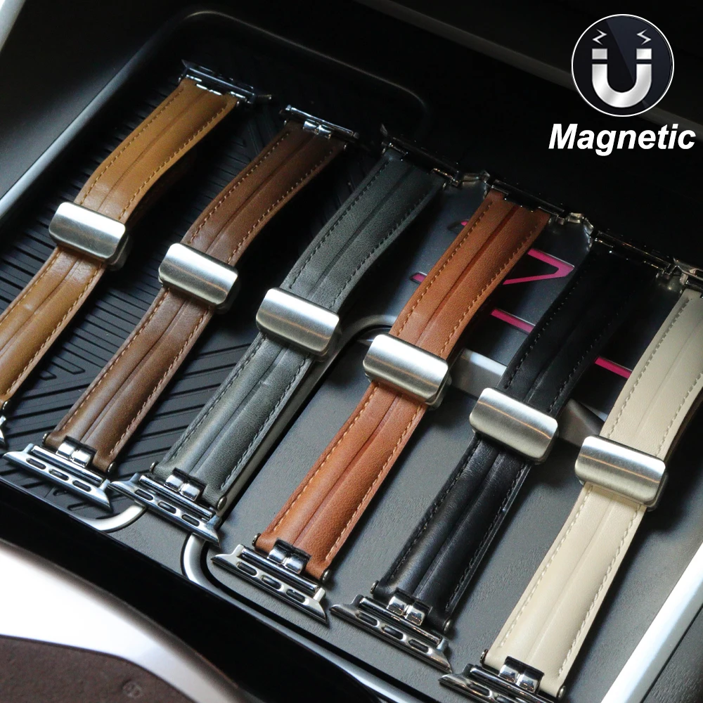 

Магнитный кожаный браслет для Apple Watch Ultra, люксовый металлический ремешок для iWatch 8 7 41 мм 45 мм 6 SE 5 4 3, 42 44 мм 38 мм 40 мм