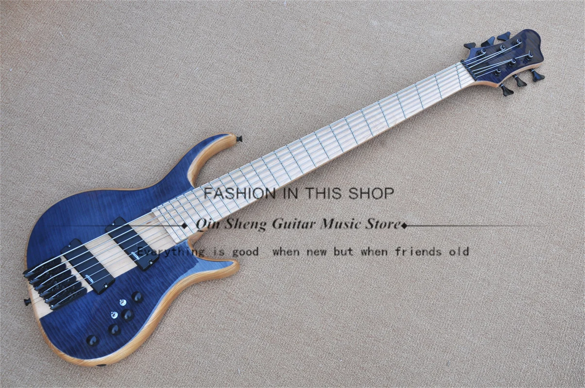 

6-струнная бас-гитара OM clear black bass 9-piece maple through ash body Active battery, независимый мост, черные кнопки