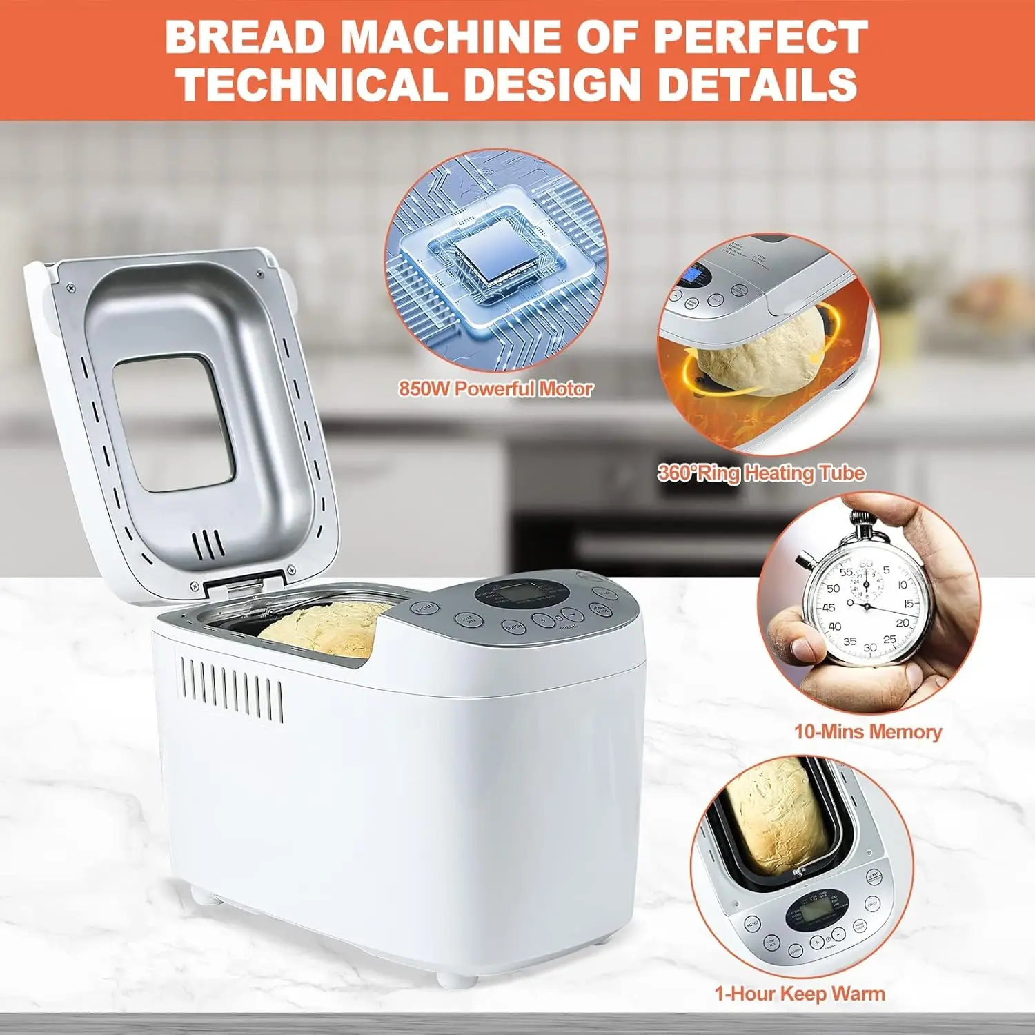 Maker Machine 15-in-1 Automatic Bread Machine with Dual Kneading Paddles Breadmaker with Touch Panel&LCD Display,Gluten Free Set