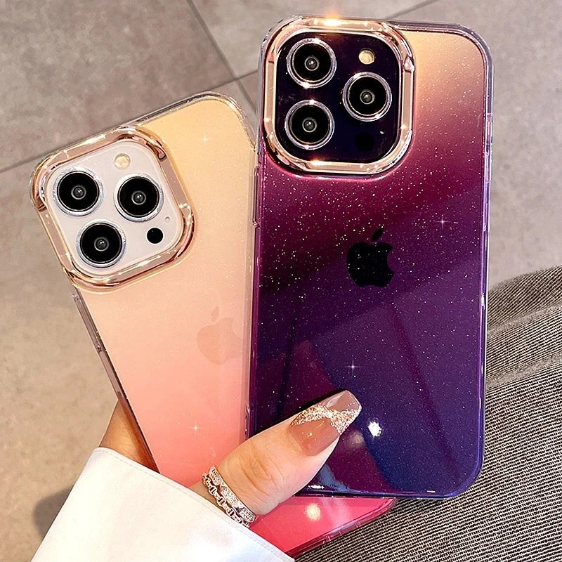 Luxury Gradient Glitter Protective Phone Case with Plating and Transparent Shockproof Design