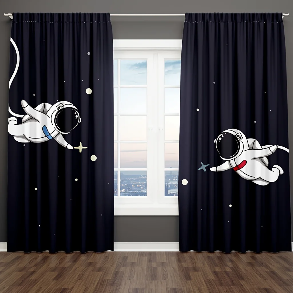 2PCS Astronaut Space Astronaut Window Curtains Cartoon Characters Cosmic Planet Adventure Rod Pocket Window Drapes. 4