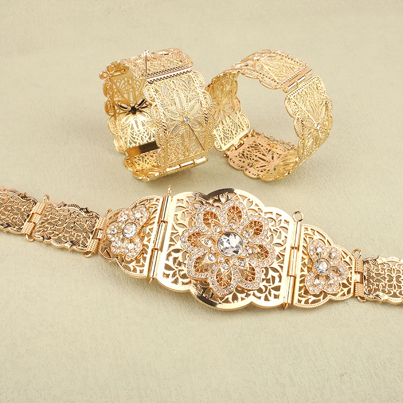 Dicai Algerian Bridal Jewelry Set Women's Waist Chain Moroccan Caftan Belt Cuff Bracelet Wedding Jewelry Gift Sets Accessories