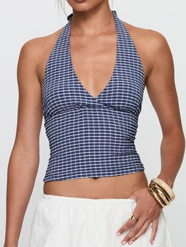 Stylish Plaid Sleeveless Halter Neck Tank Top with Open Back Design for Women s Summer Party Outfits 5