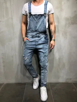 Ripped Men's Jeans Jumpsuits Overalls Streetwear Loose Distressed Denim Overalls For Man Suspender Pants