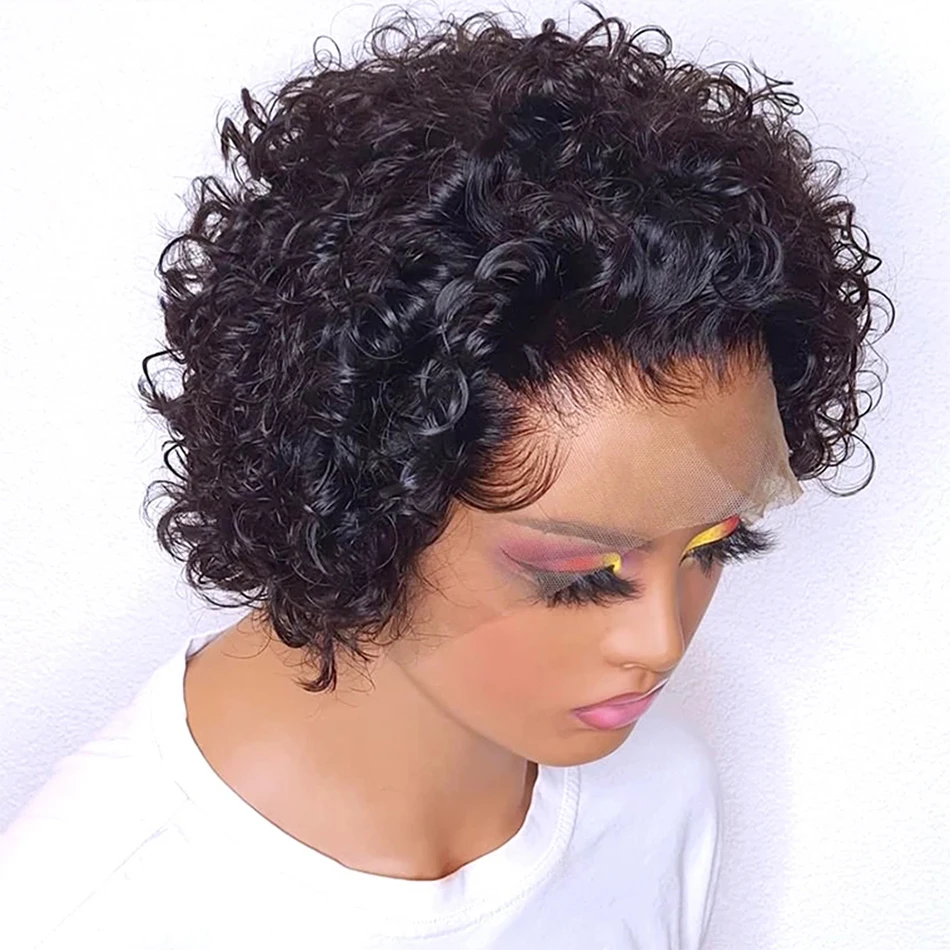 Melodie Pixie Cut Wig Water Wave Human Hair Lace Frontal Wigs T Part Short Bob Curly Transparent Lace Wigs For Black Women