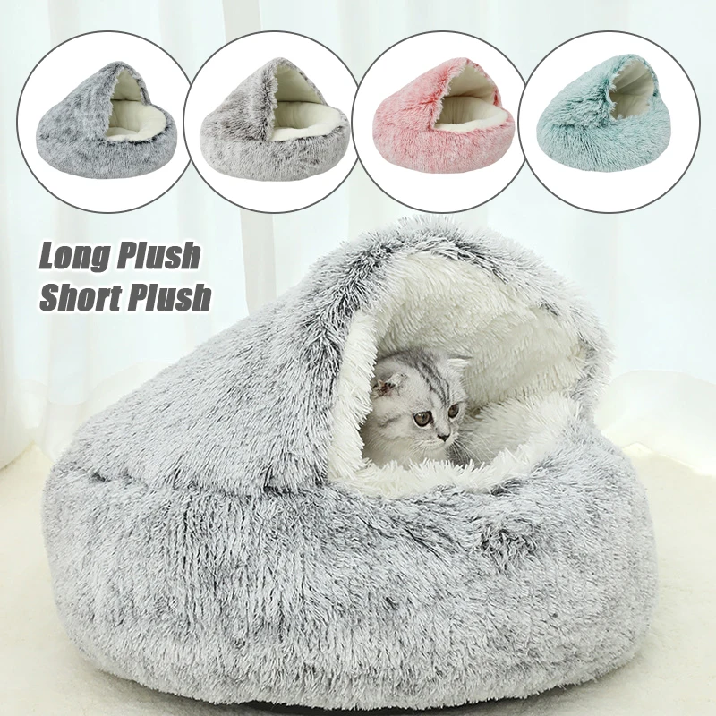 

Winter Long / Short Plush Pet Cat Bed Round Cat Cushion House Warm Cat Basket Cat Sleep Bag Cat Kennel 2 In 1 For Small Dog Cat
