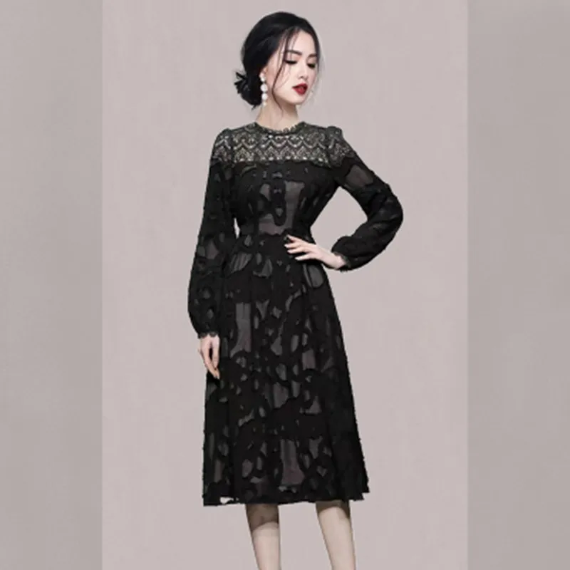 

Autumn New French Vintage Jacquard Fashion Elegant Hepburn Style Slim Long Swing Dress Women's Lace Patchwork Party Dress