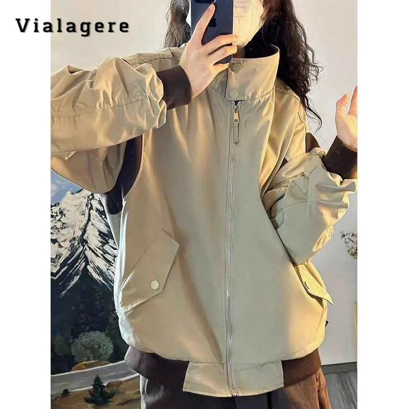 

2023 Autumn Winter American Vintage Style Zipper Loose Jacket For Women High Street Retro Outerwear Fashion Patchwork Baggy Coat