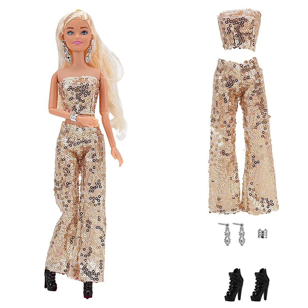 

NK 1 Set 1/6 Princess Beautiful Gold Party Stage Costume Fashion Dress Shoes Earrings Bracelets For Barbie Doll Accessories Gift