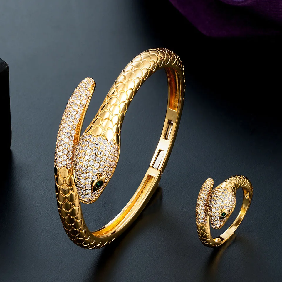 

Zlxgirl New Arrival Snake Bangle and ring jewelry set of Woman Man wedding Bijoux Green Eye zircon Bandlge&bracelet aneis Anel